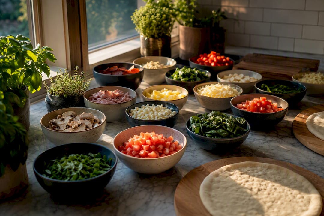 Neatly labeled pizza topping station with warm lighting