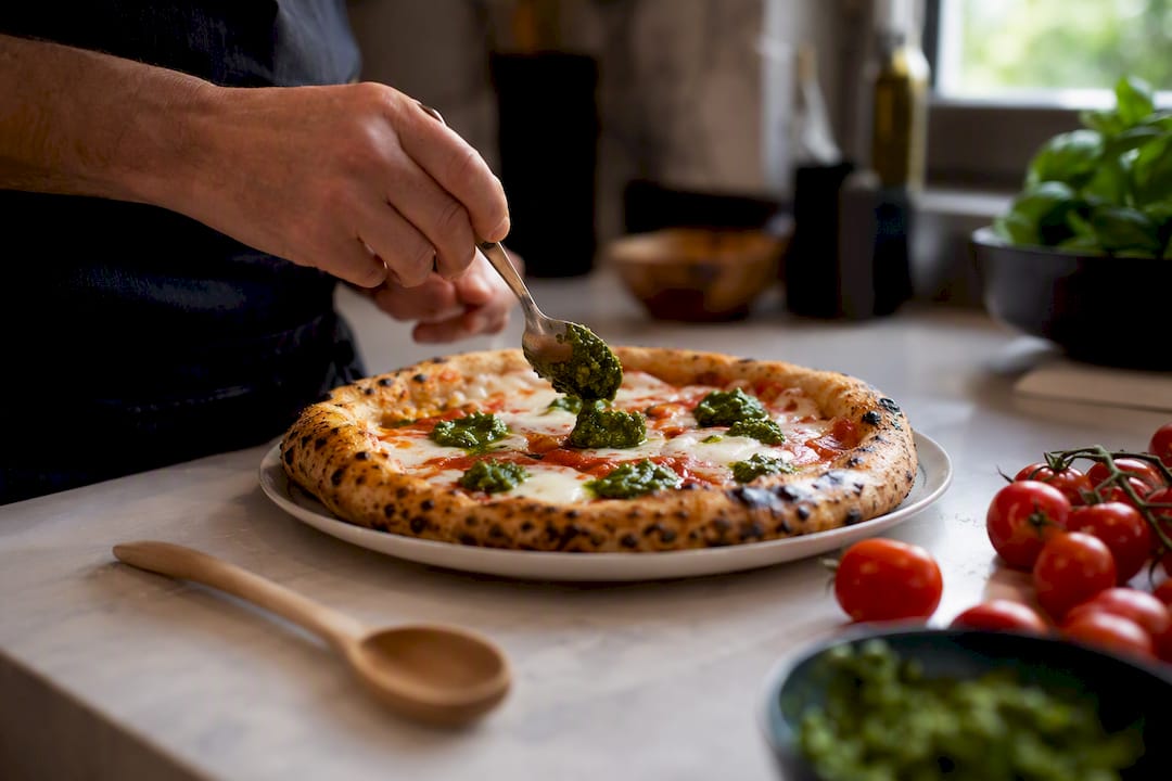 Adding fresh pesto dollops on baked pizza