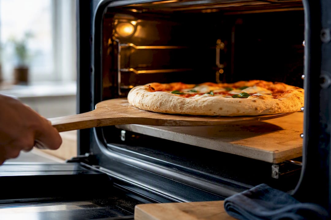 Pizza entering a hot domestic oven