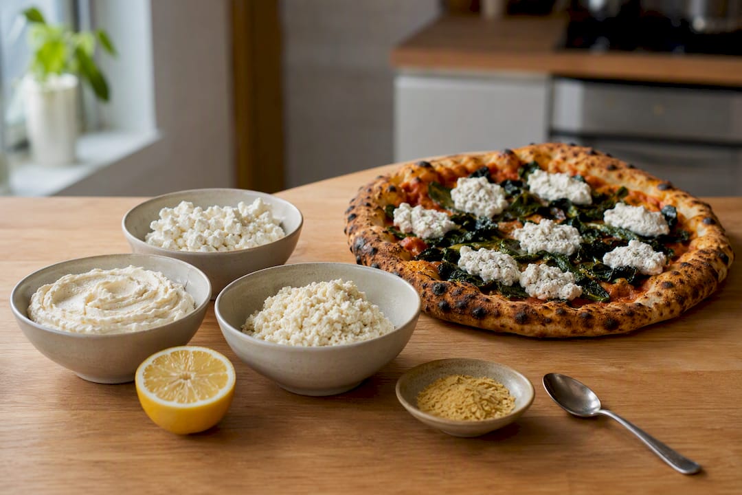 Vegan ricotta alternatives beside dairy-free pizza