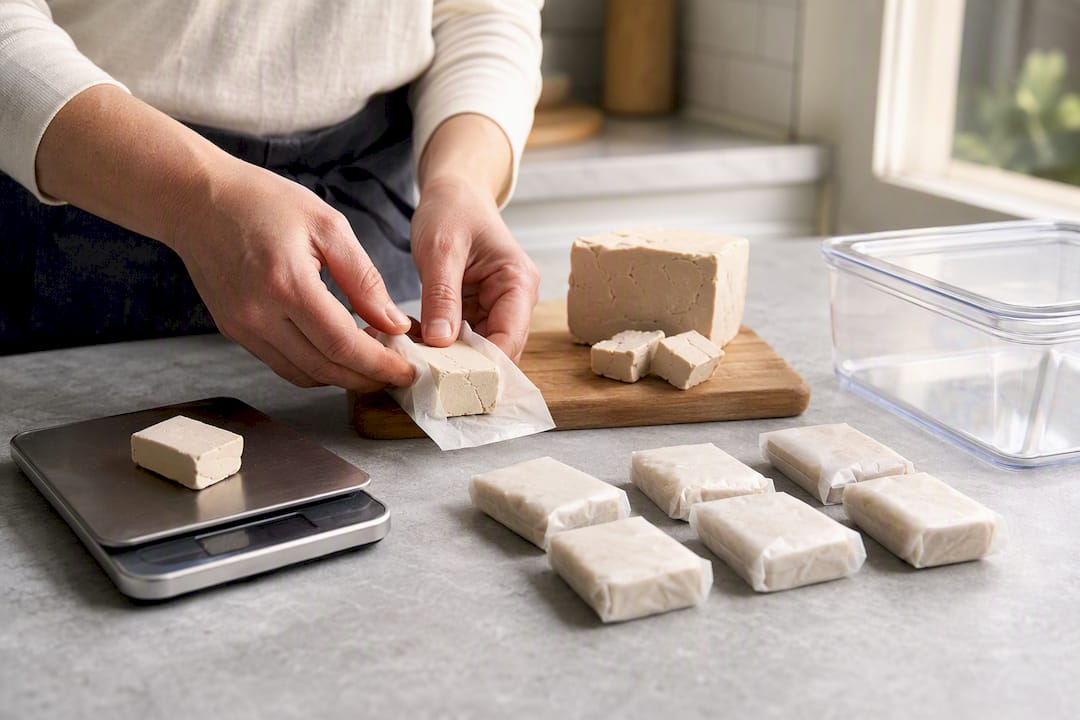 Hands wrapping fresh yeast portions for freezing