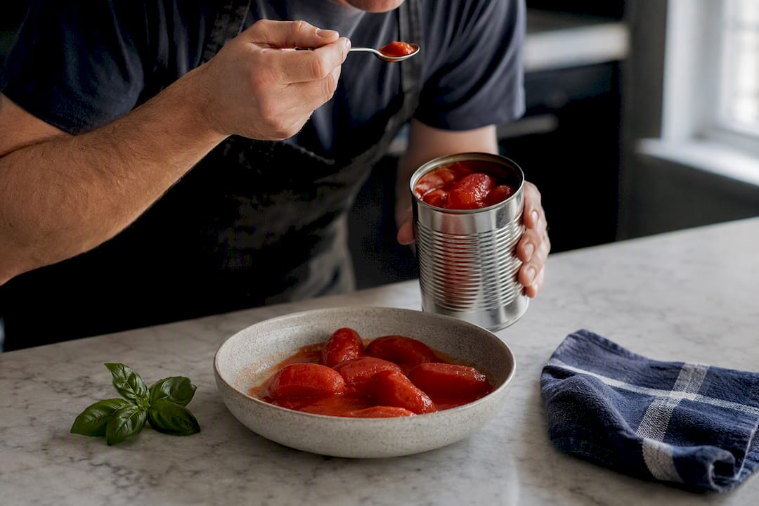 Cook testing canned tomatoes for sauce