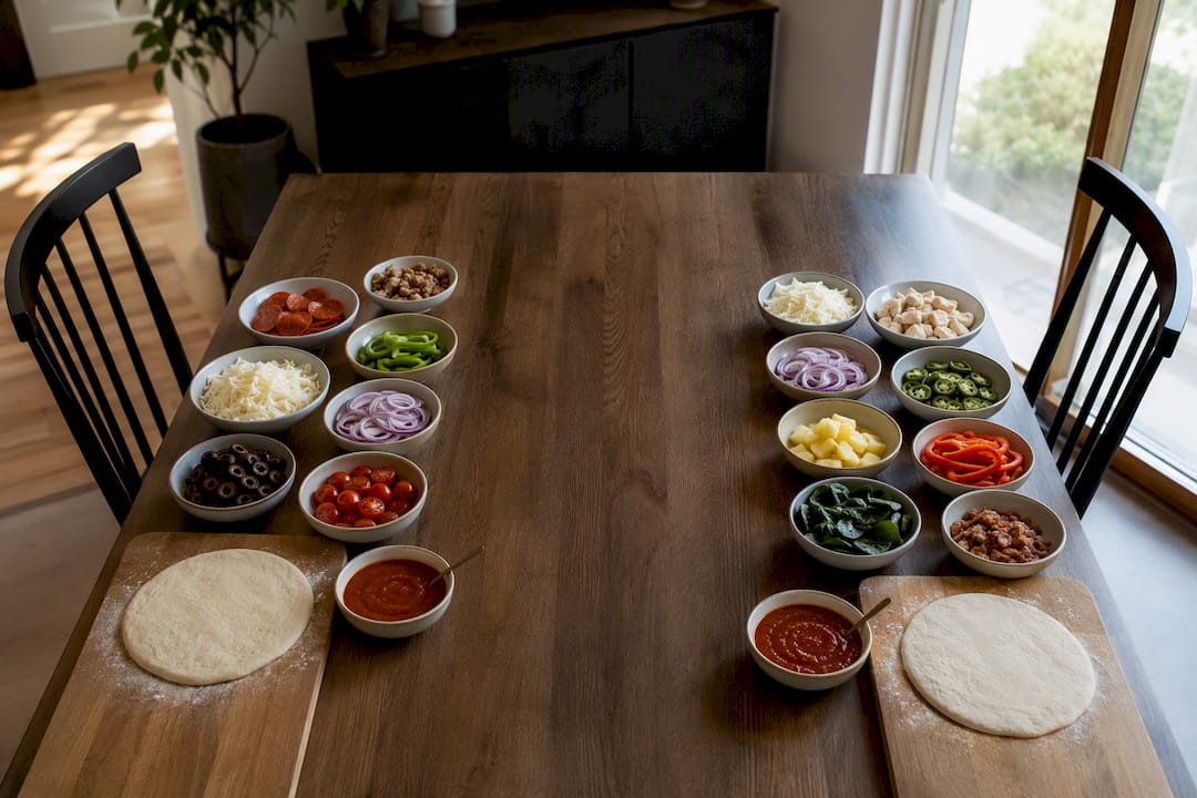 Two separate pizza topping stations