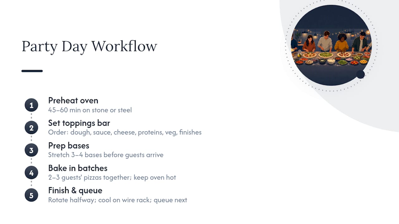 Five-stage pizza party cooking workflow