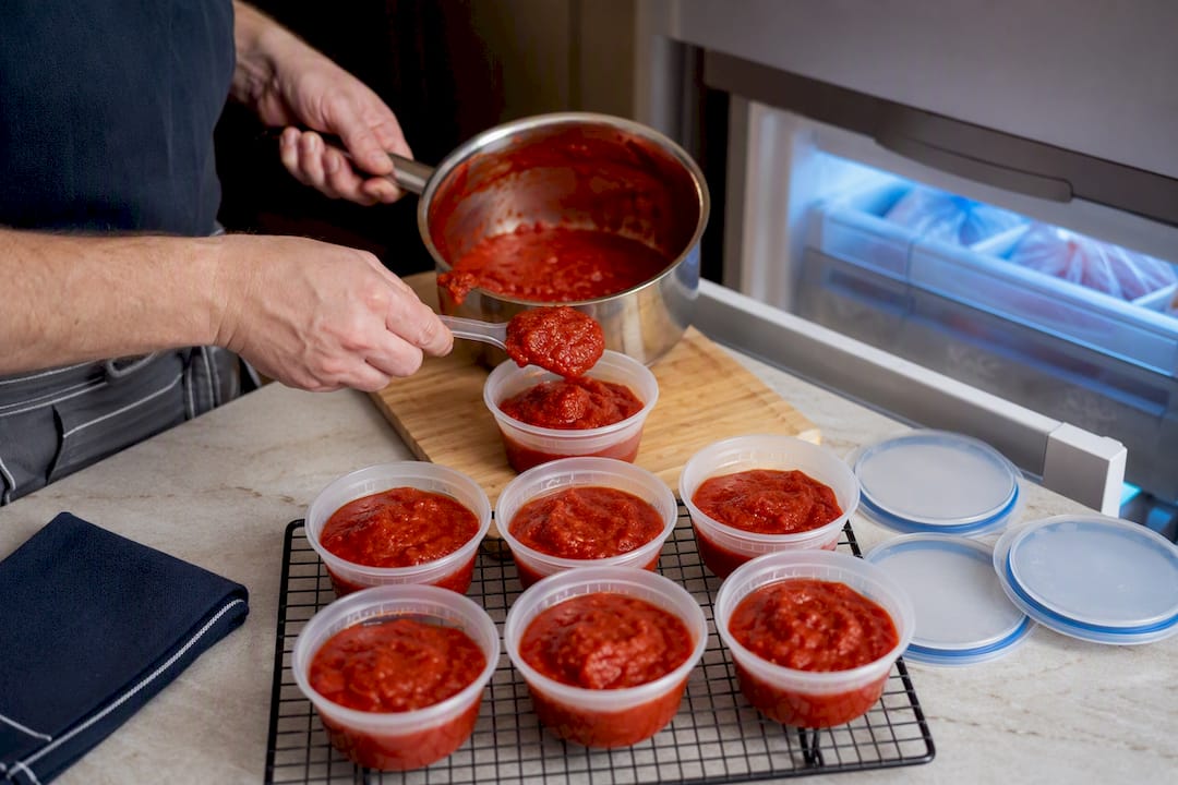 Thick pizza sauce portioned for freezing