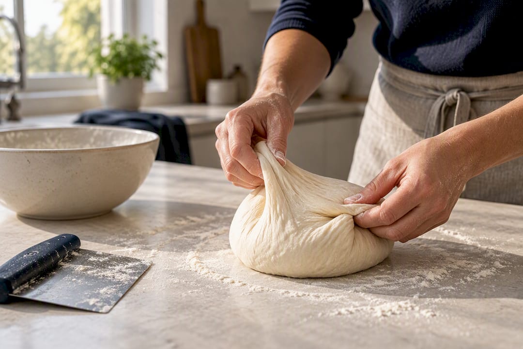 Hands tightening pizza dough with stretch folds