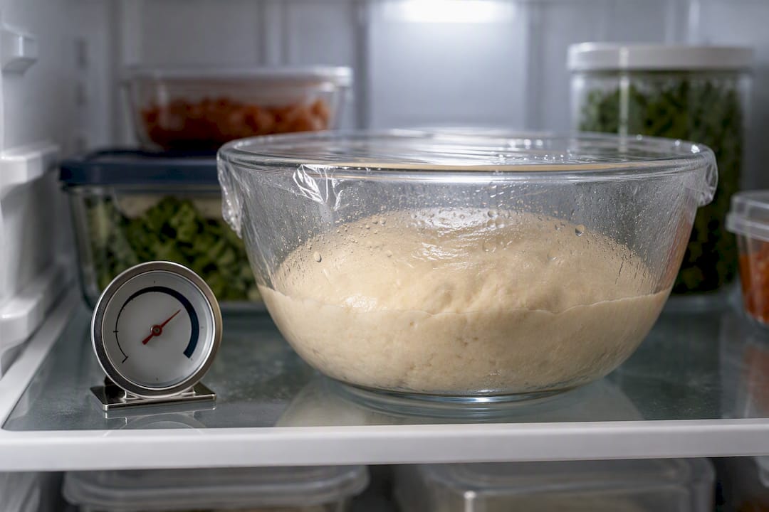 Fridge thermometer beside covered pizza dough