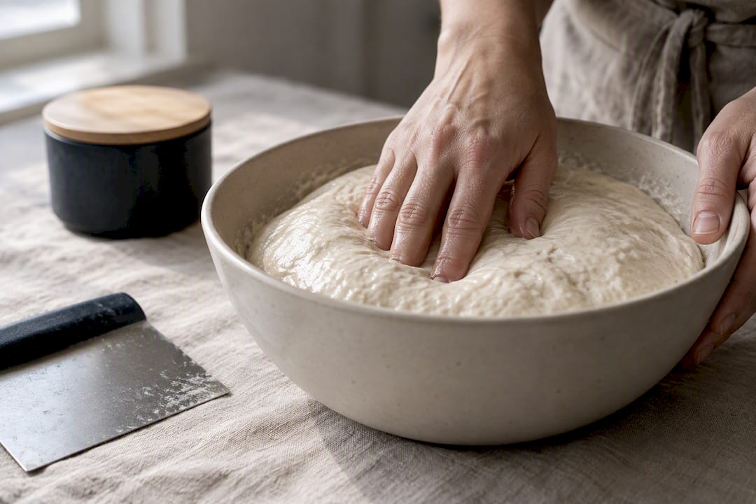 Hands testing slack overfermented pizza dough