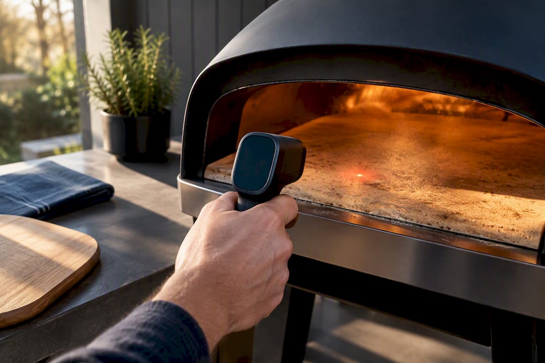 Baker measuring pizza stone temperature