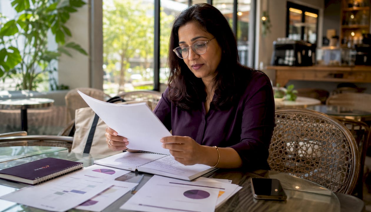 Woman reviewing coaching providers brochures