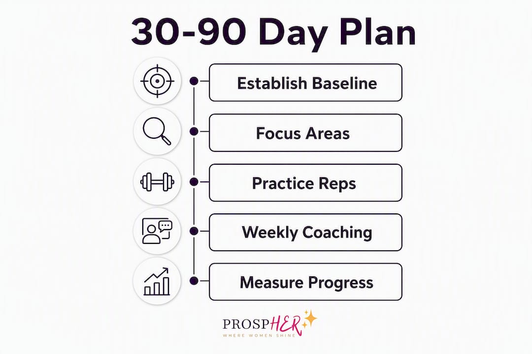 Infographic showing 30-90 day executive presence plan steps