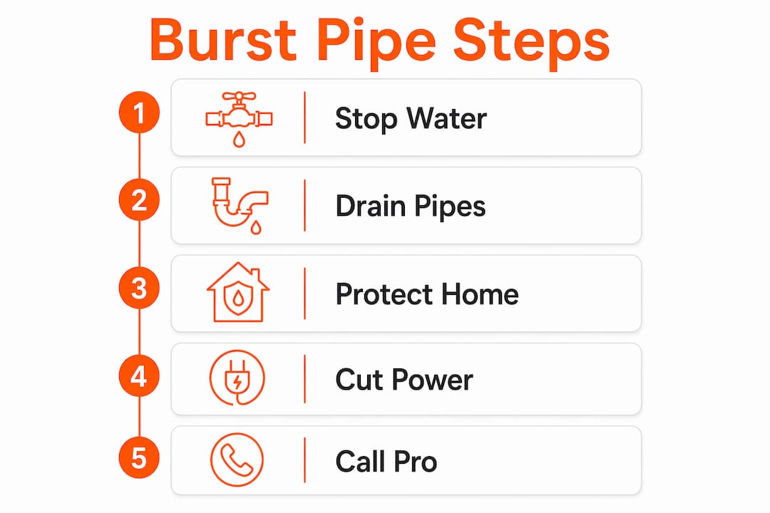 Infographic illustrating emergency steps for burst pipe