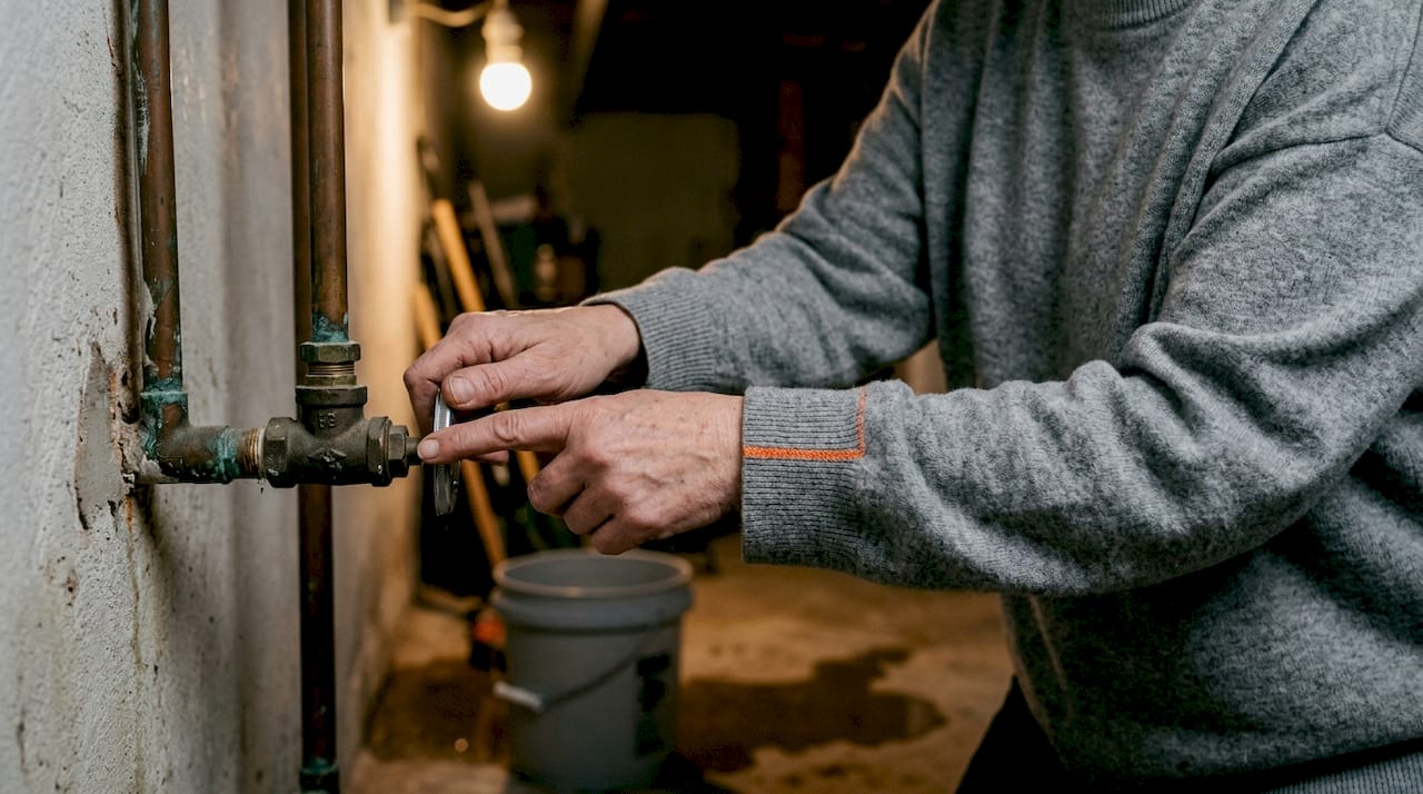 Hands closing water shutoff valve in utility room