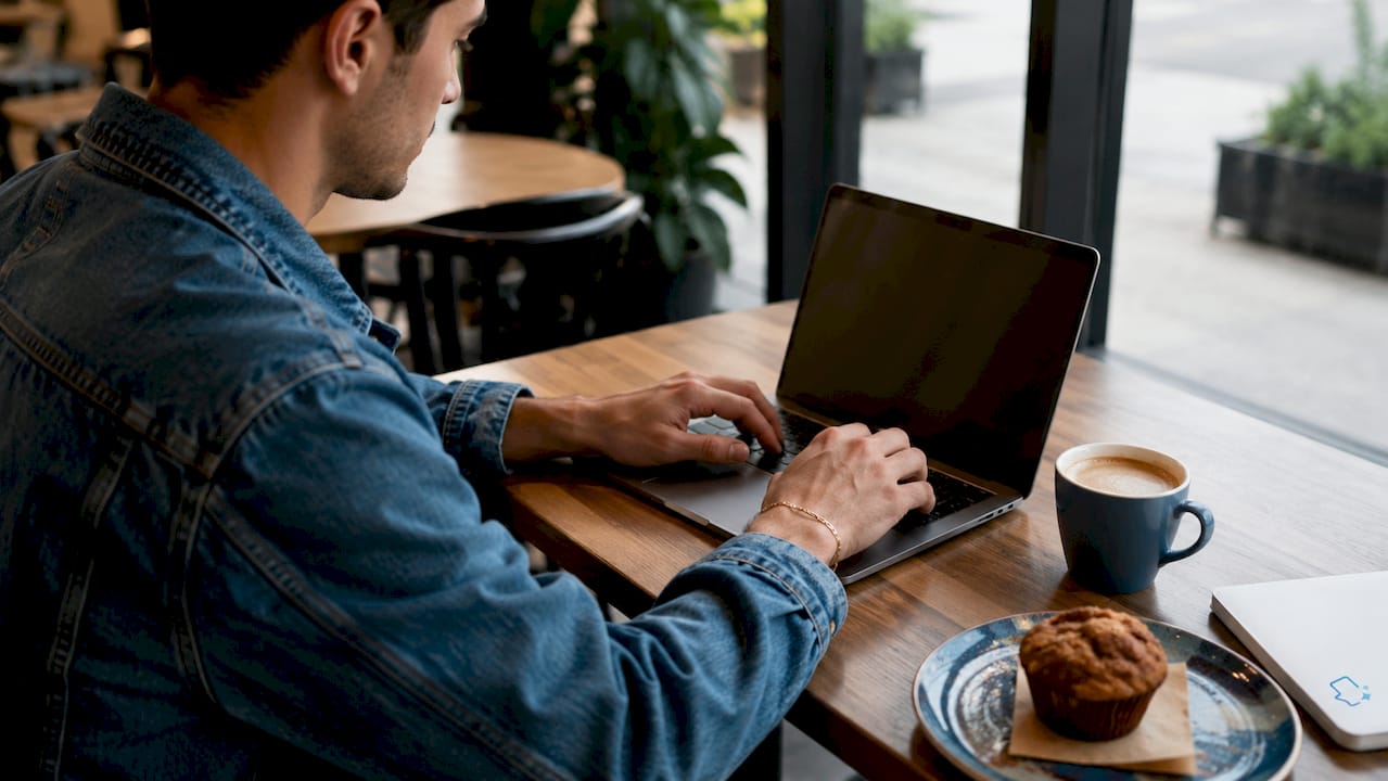 Hands typing on laptop in home workspace