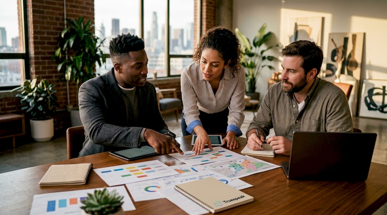 Small business team discussing AI workflows