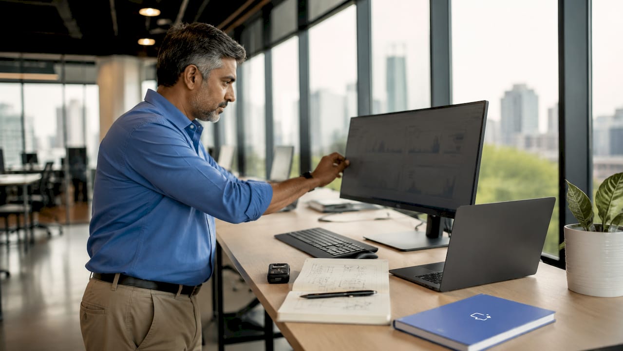 Man configuring CRM and workflow tools at office desk