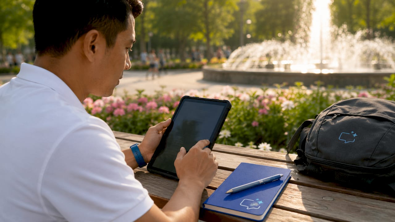 Technician updating job status in CRM outdoors