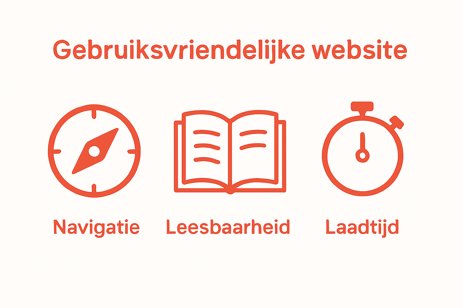 Drie iconen die samen de kern van gebruiksvriendelijke websites weergeven: kompas, open boek, stopwatch.