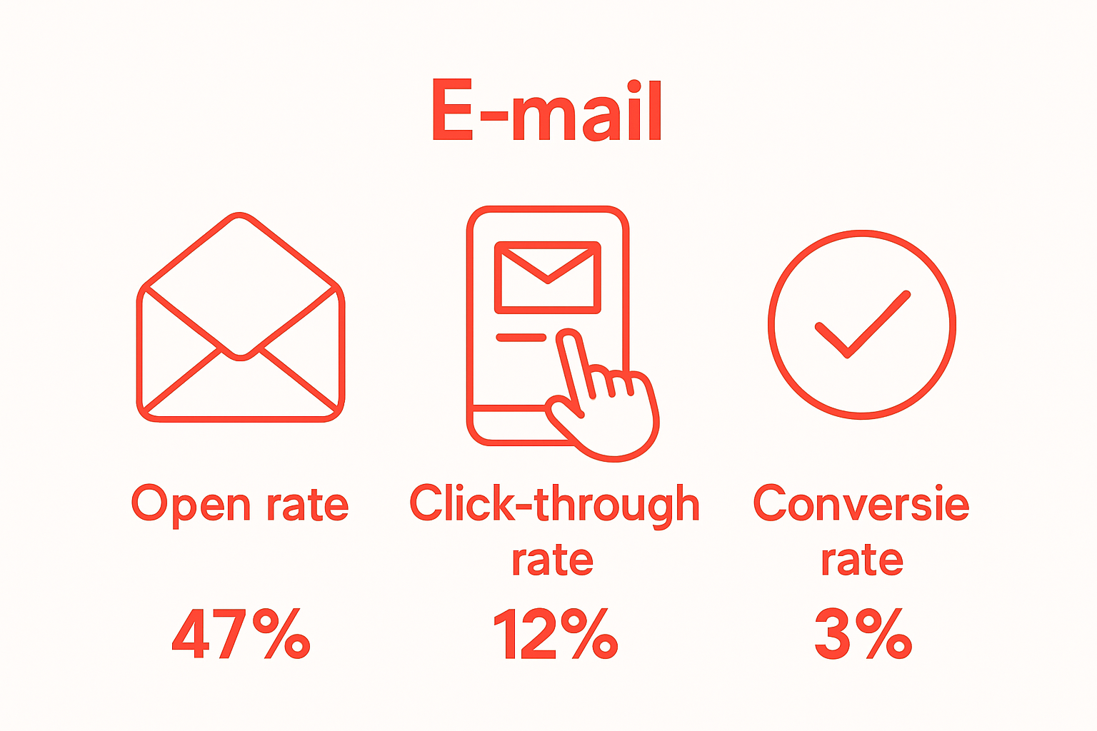 Infographic icons for open rate, click rate, conversion rate.