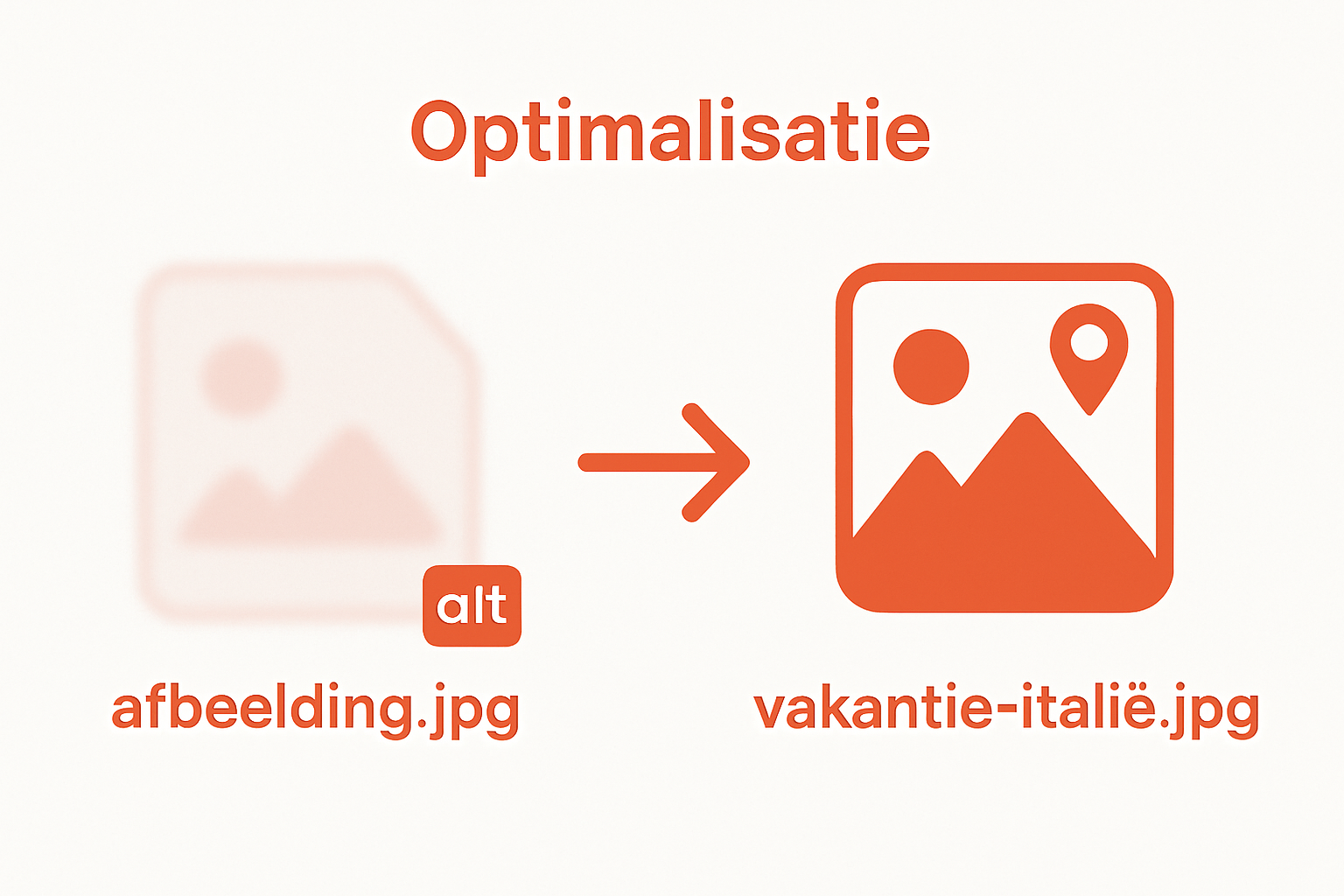 Infographic shows before and after of optimizing an image with better compression, local keyword filename, and proper alt-text.