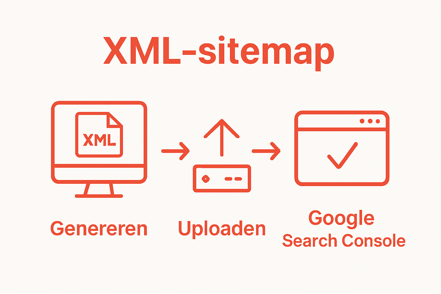 Drie iconen die het genereren, uploaden en indienen van een sitemap tonen