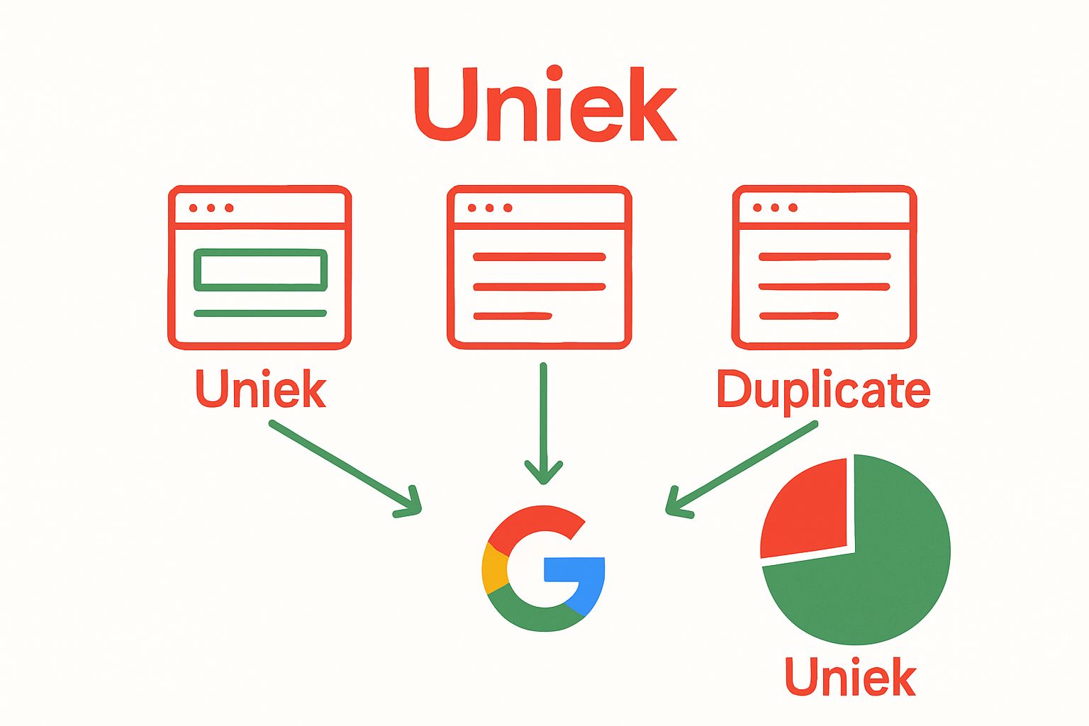 Drie webpagina-iconen en Google-logo voor duplicate content-vergelijking