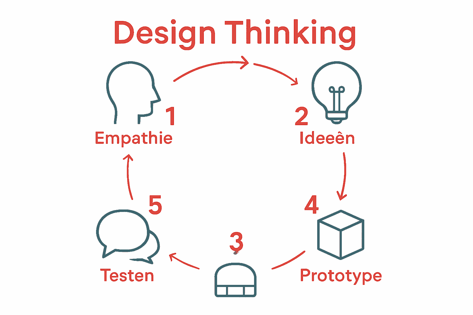 Vijf fasen design thinking proces met iconen en pijlen.