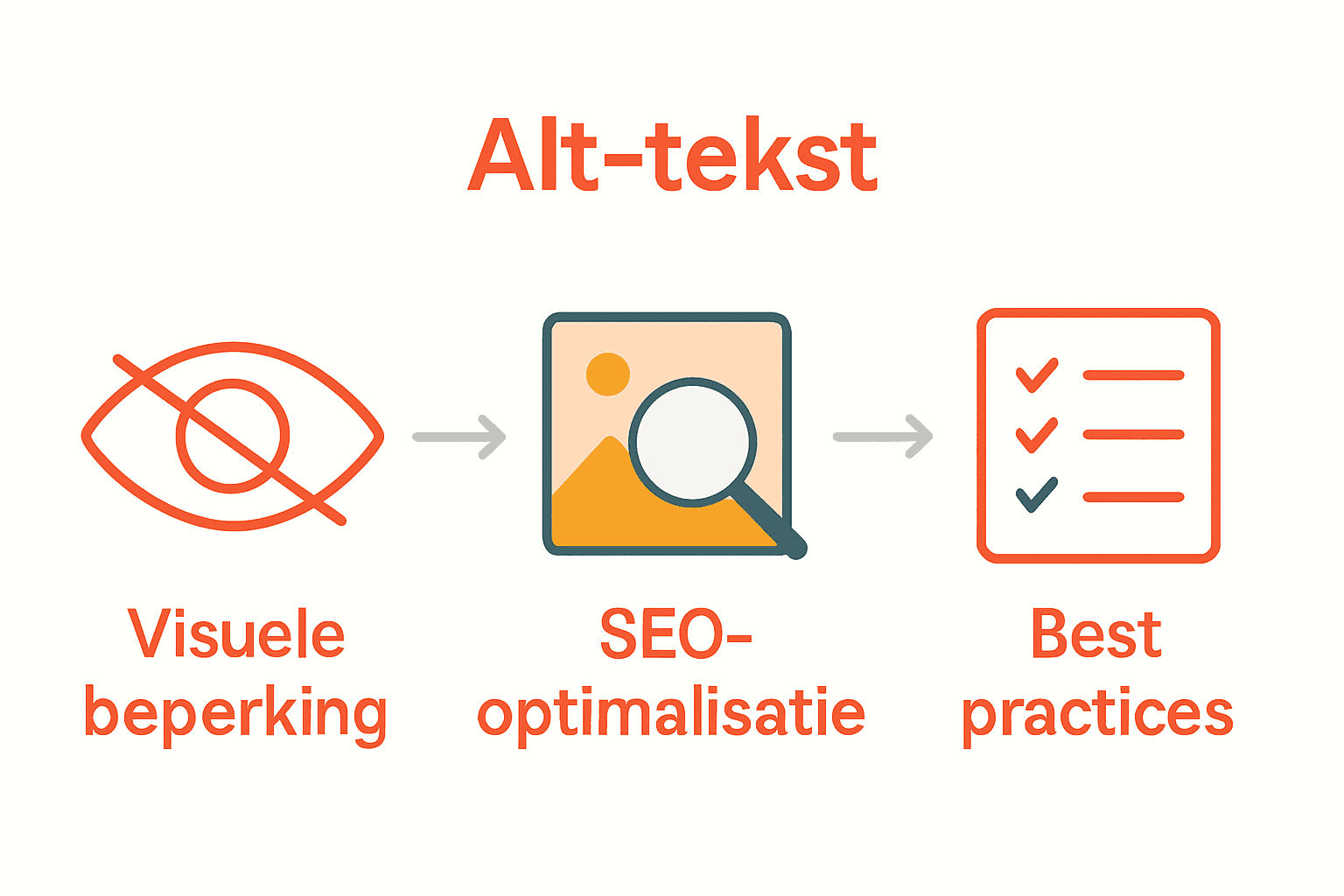 Infographic toont links toegankelijkheid, midden SEO, rechts schrijfregels voor alt-tekst.