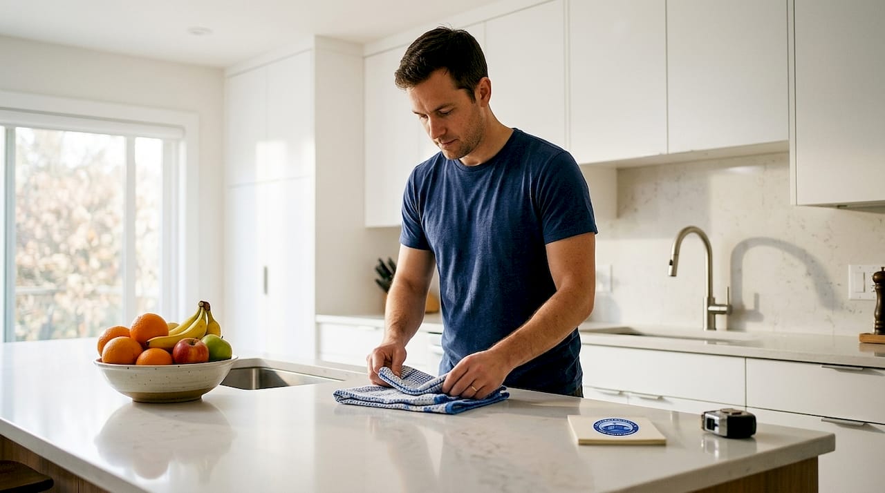 Man clearing kitchen countertops for measurements