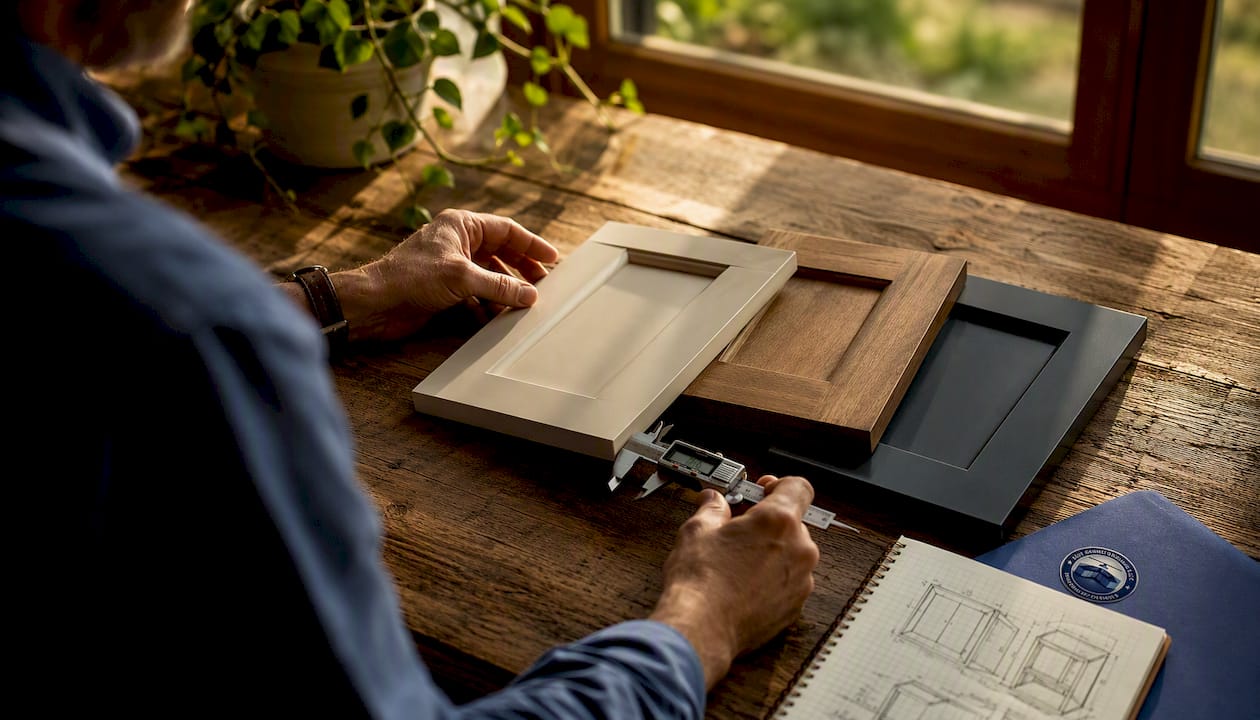 Hands measuring cabinet door samples on countertop