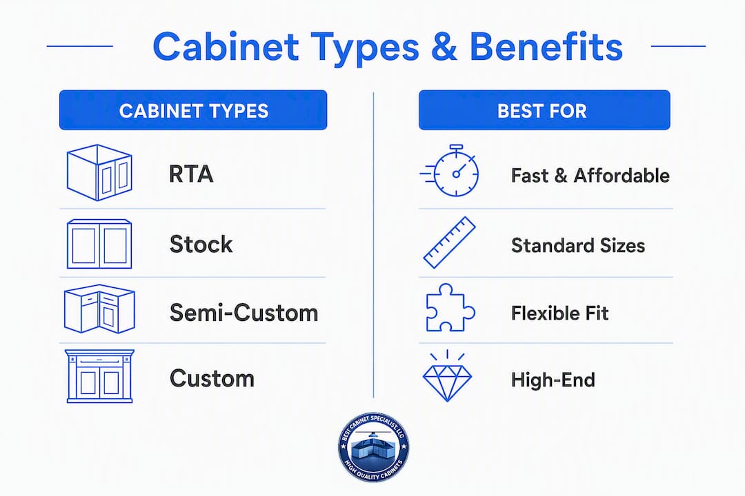 Infographic showing kitchen cabinet types and best uses