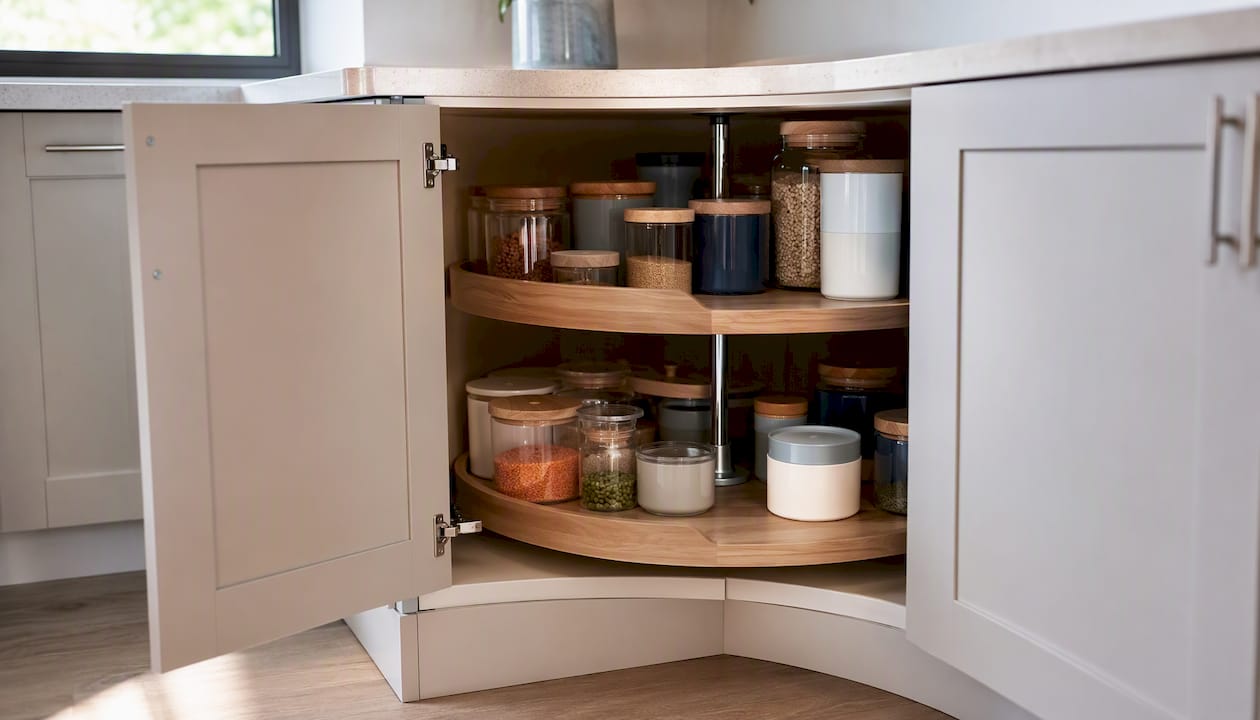 Corner cabinet with rotating Lazy Susan shelves
