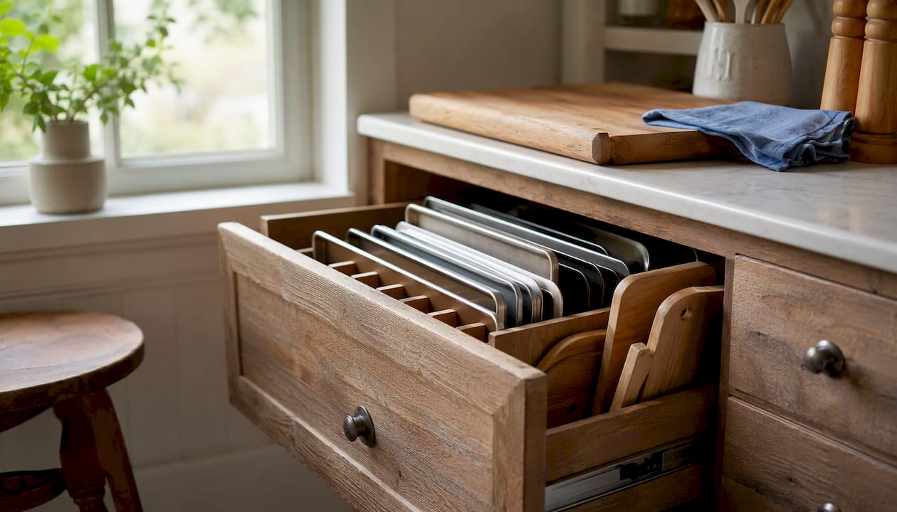 Deep kitchen drawer with organized trays