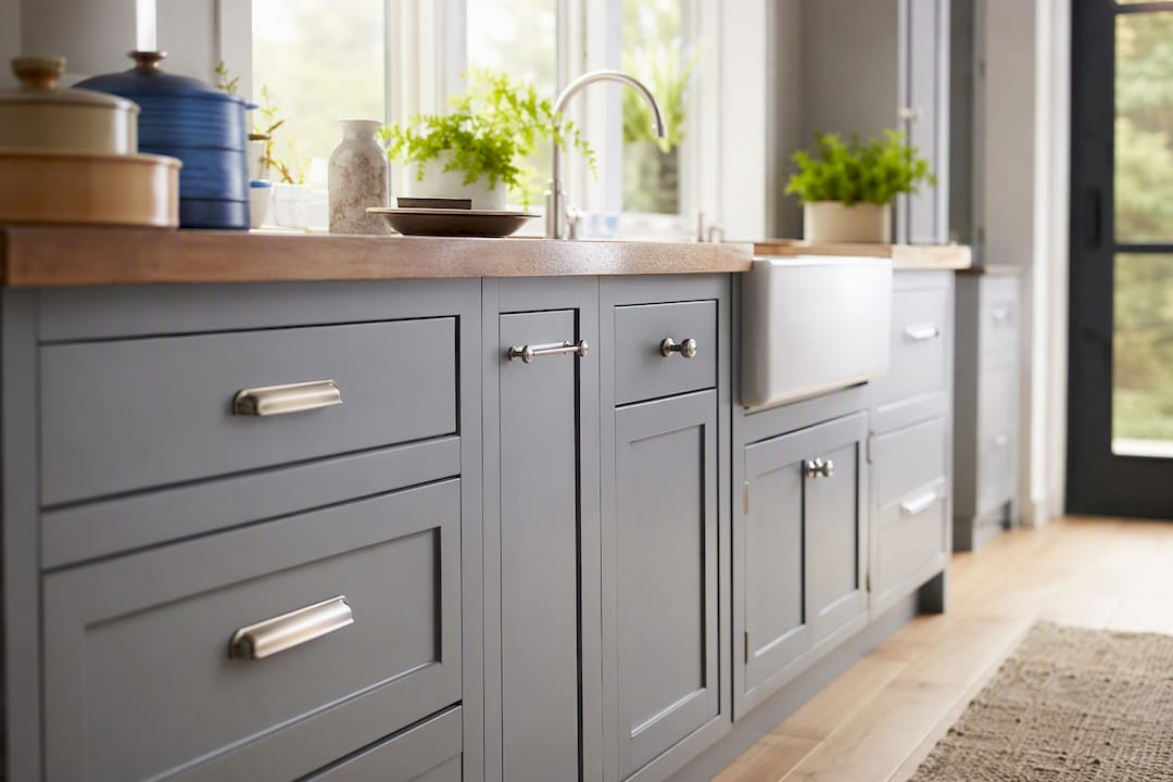 Durable residential kitchen cabinets with cookware