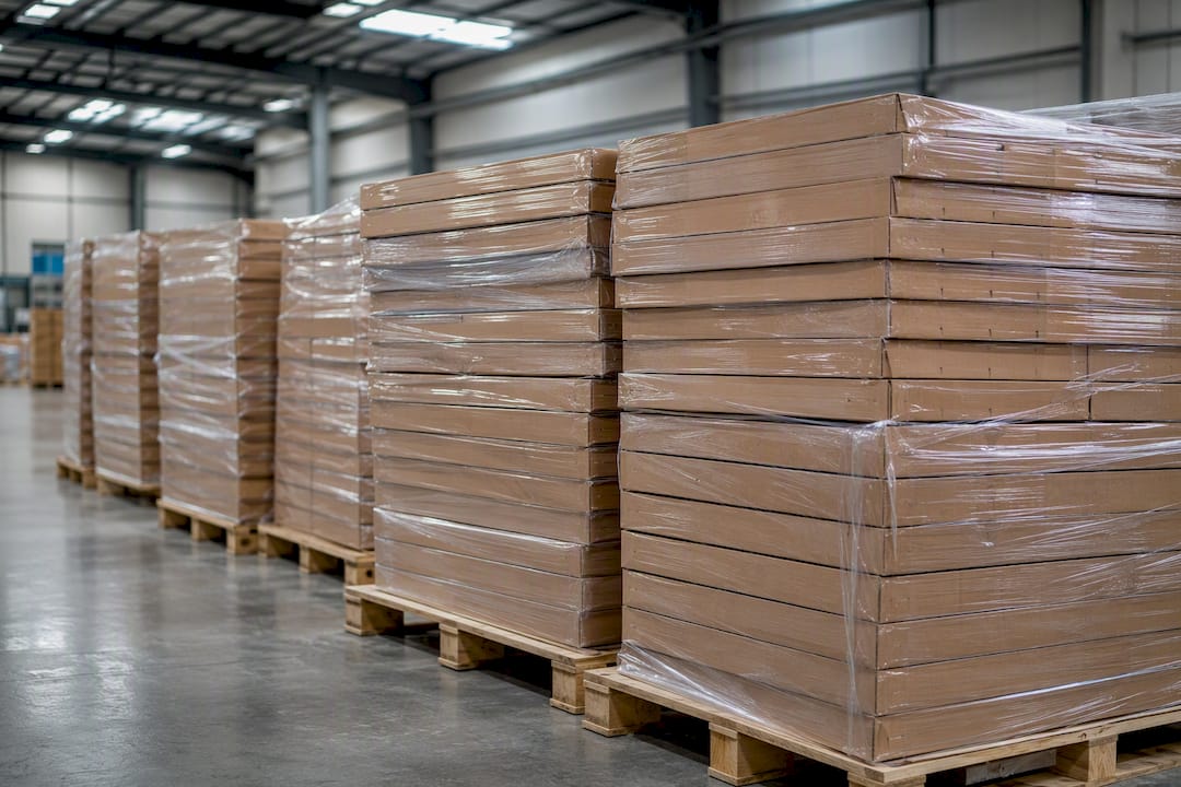 Pallets loaded with flat-packed cabinet boxes