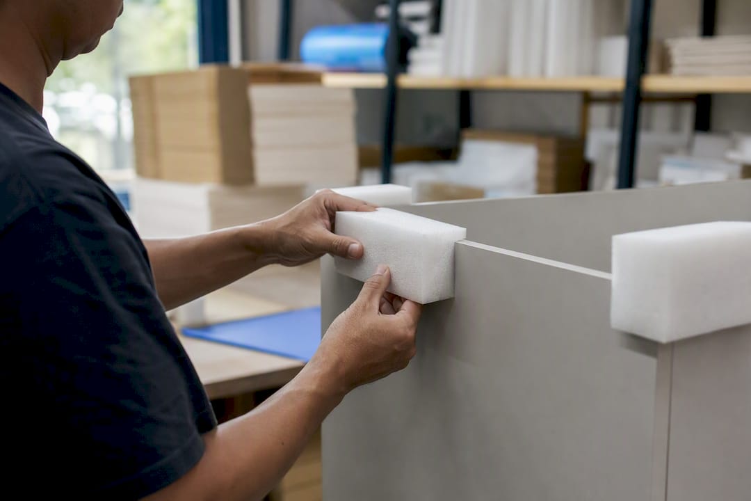Hands applying foam protectors to cabinet box corner