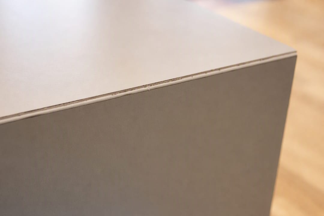 Close-up of high-pressure laminate cabinet panel edge