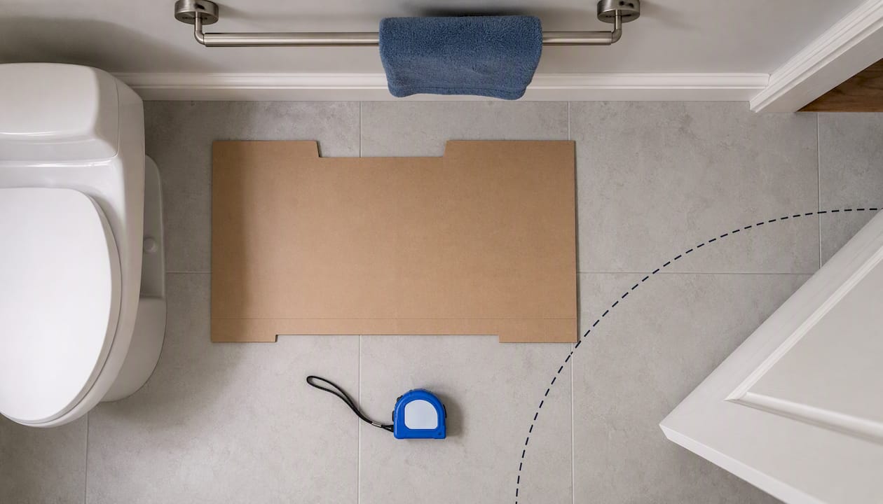 Cardboard vanity mockup checking bathroom clearances