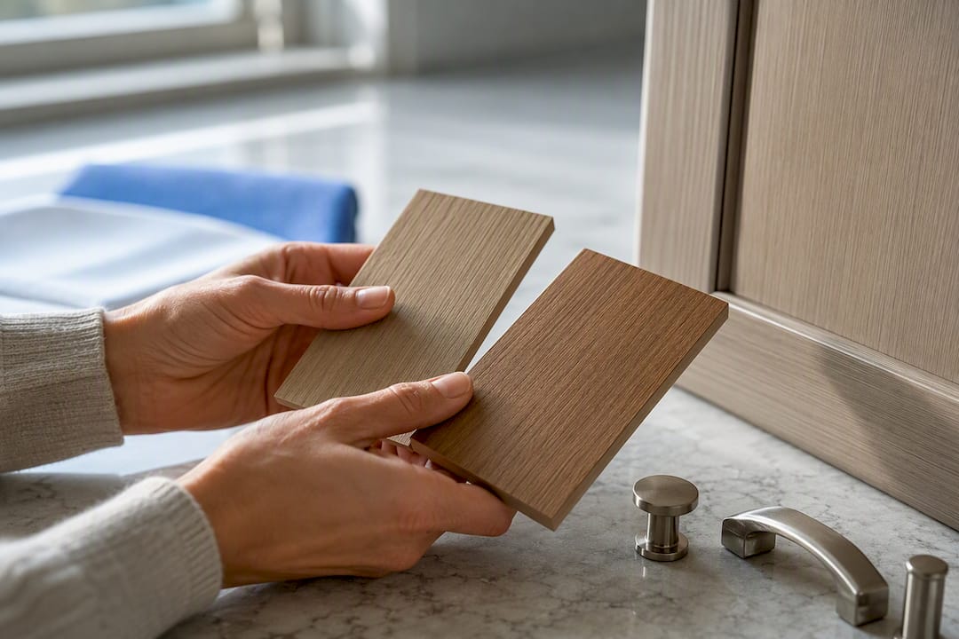 Hands comparing cabinet finish samples