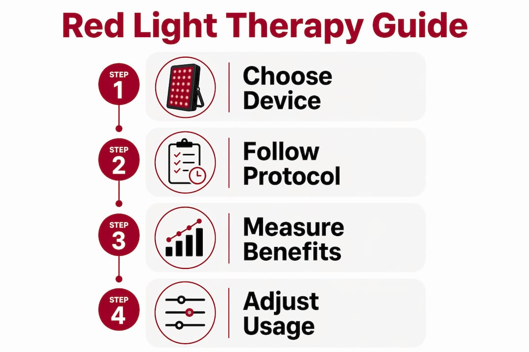 Infographic with red light therapy steps and benefits