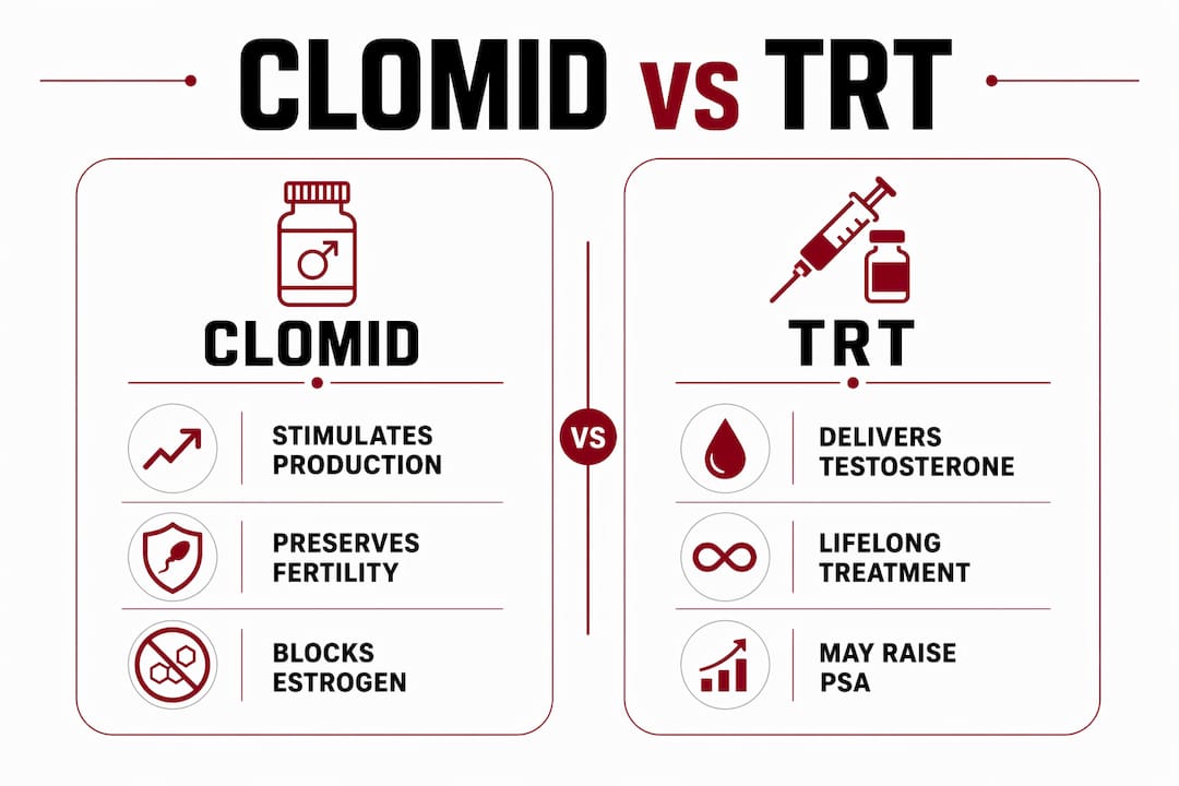Infographic comparing Clomid and TRT therapy factors