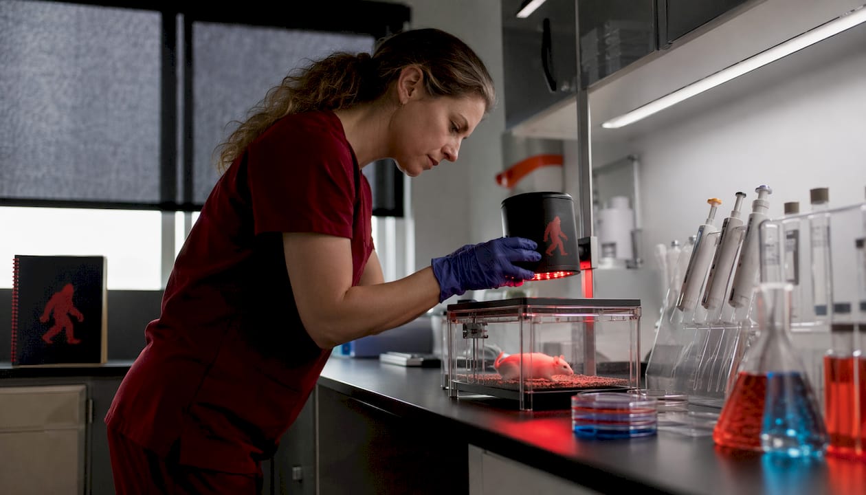 Technician applying red light therapy in animal lab