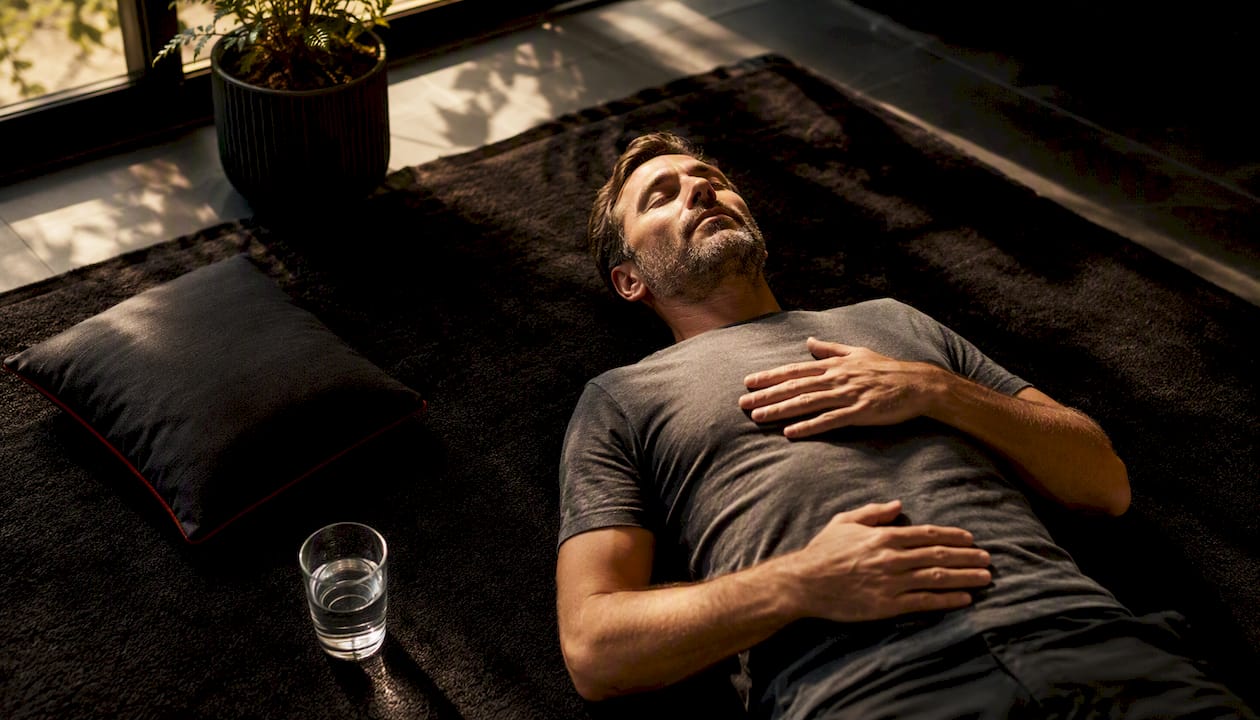 Man practicing breathing exercises at home