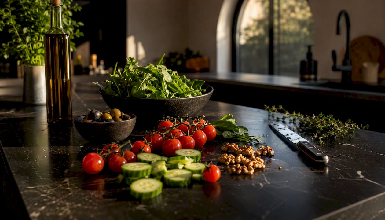 Close-up of fresh Mediterranean diet ingredients