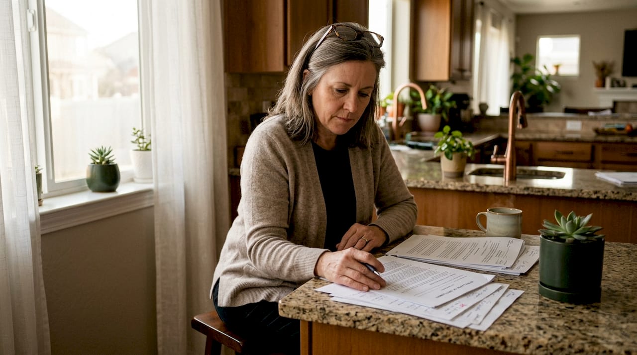 Woman reviewing Utah divorce papers at home