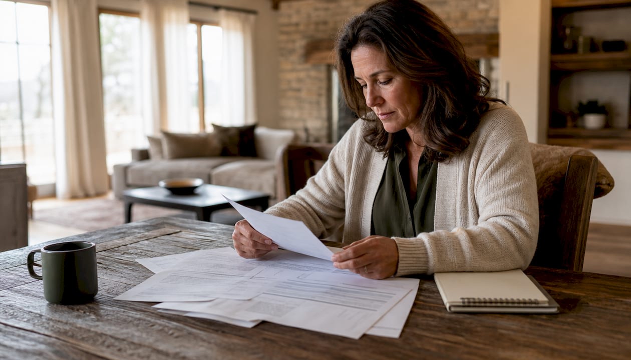 Woman reviewing divorce property documents at home