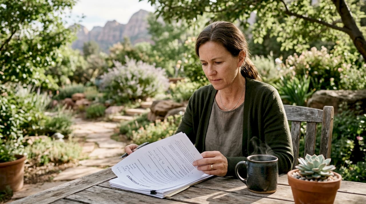 Woman reviewing divorce paperwork at home office