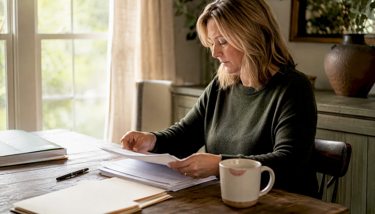 Woman preparing Utah divorce papers at home desk