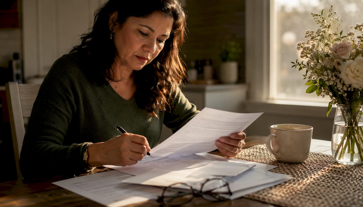 Woman reviewing parental relocation papers at home