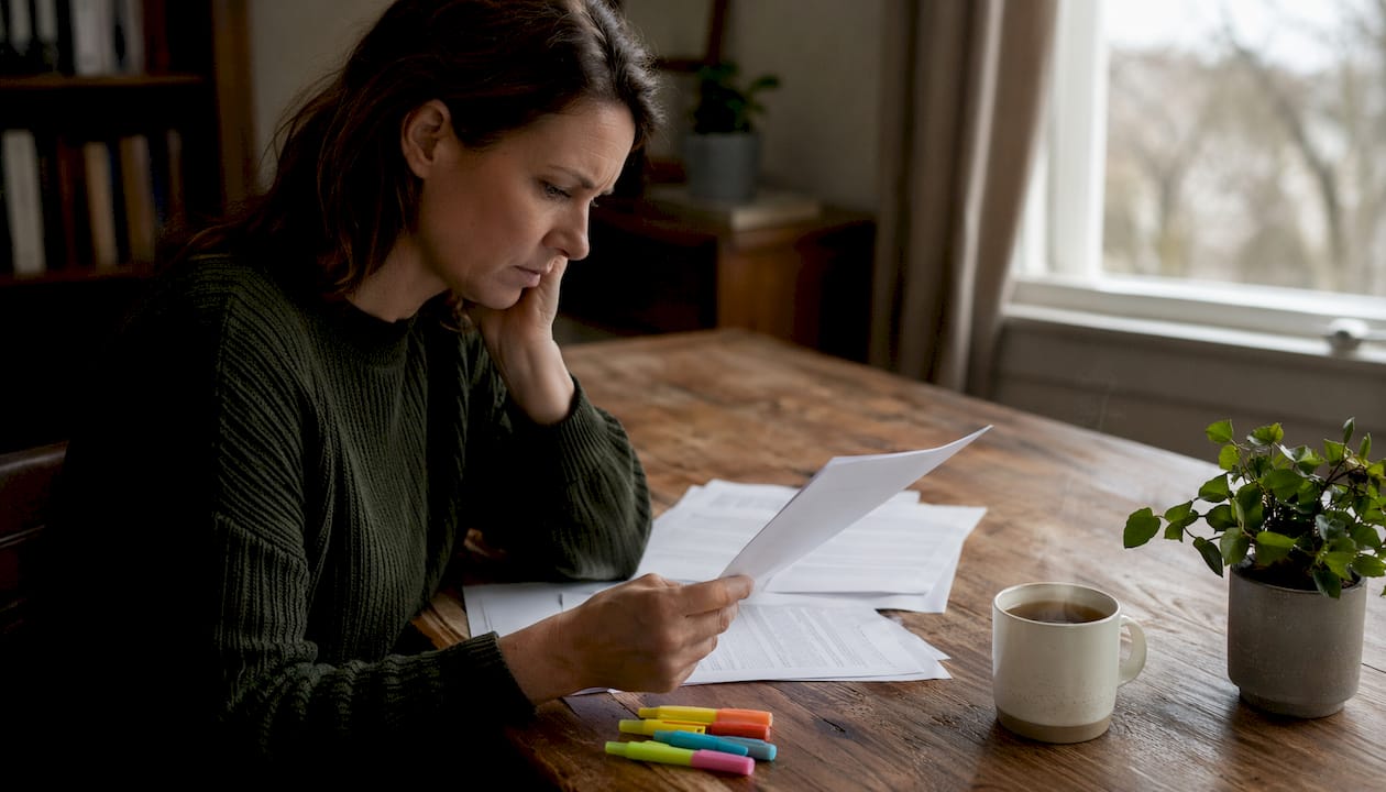 Mother reviewing custody documents at kitchen table